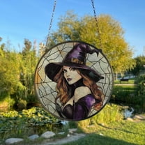 Witch Painted Stained Glass Suncatcher, Window Hanging Decor, Outdoor Sun Catcher, Halloween Decor