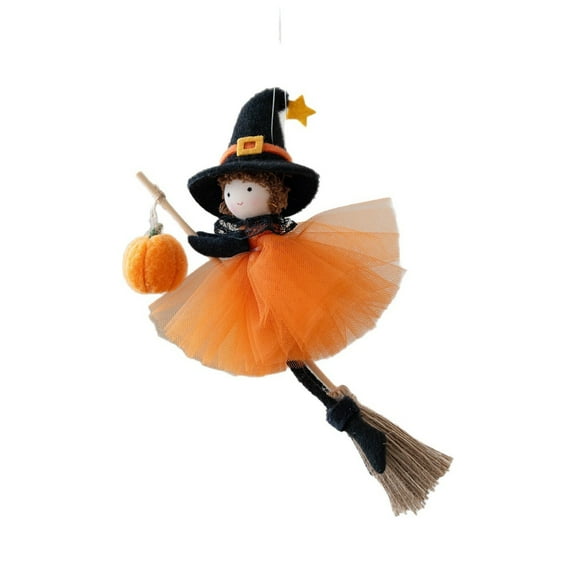 Witch Pendant-Halloween Decorations-Halloween Witch Hanging Ornaments Handmade Plush Witch Dolls with Broomstick & Pumpkin for Halloween Decor Home Indoor Outdoor Decoration