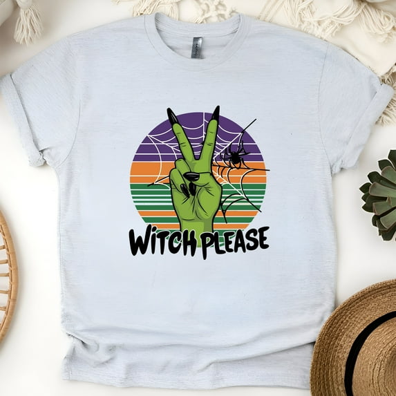 Witch Please Shirt – Green Hand Halloween Retro Tee, Ash, Size M