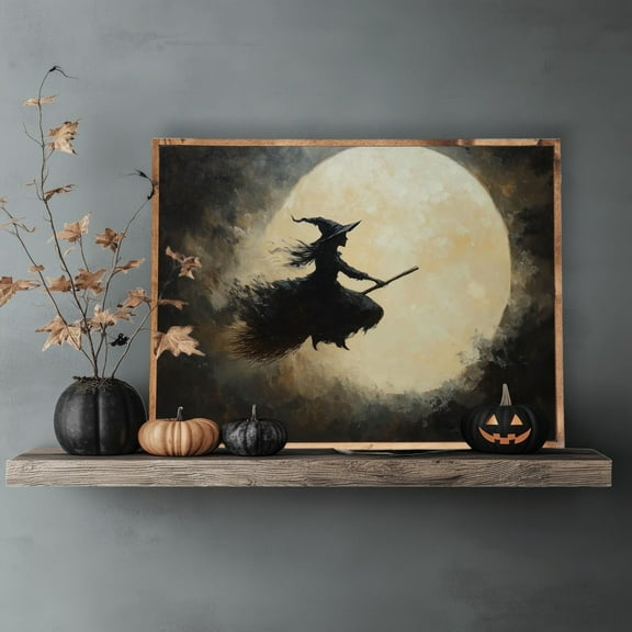 Witch Poster Witch Flying Canvas Print Painting Wall Art for Bedroom Halloween Entryway Living Room Home Decor Unframed