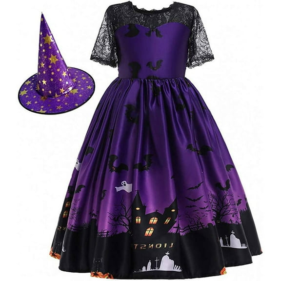 Witch Princess Dress for Girls Halloween Lace Fancy-Dress Costume 5-10T
