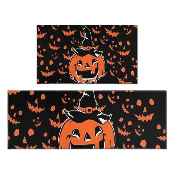 Witch Pumpkin Halloween Pattern Kitchen Rugs Sets Of 2,Anti Fatigue Kitchen Mat Rugs Non Slip Washable,Decorative Kitchen Floor Mats for Kitchen,Sink,Laundry,17"x30"+17"x47"