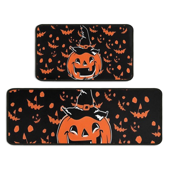 Witch Pumpkin Halloween Pattern Kitchen Rugs Sets Of 2,Anti Fatigue Kitchen Mat Rugs Non Slip Washable,Decorative Kitchen Floor Mats for Kitchen,Sink,Laundry,17"X30"+17"X47"
