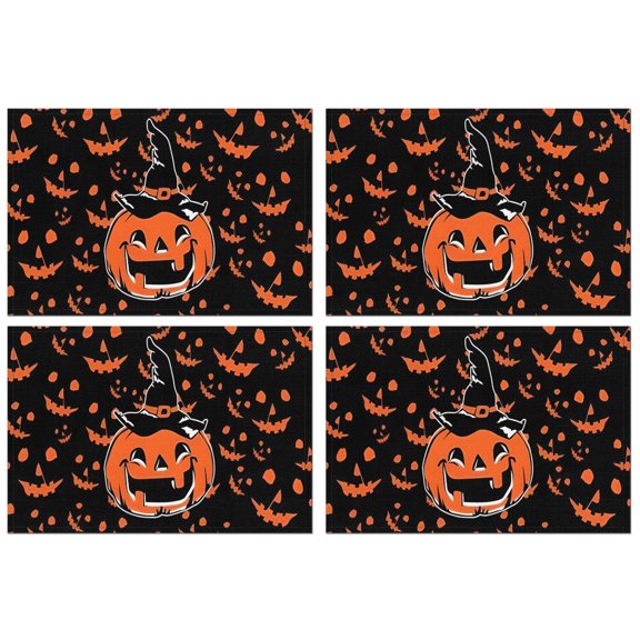 Witch Pumpkin Halloween Pattern Summer Placemats Table Placemats Set Of 4-Linen Kitchen Washable Placemats Table Mats 11.8"x17.7" Non-Slip Heat Resistant