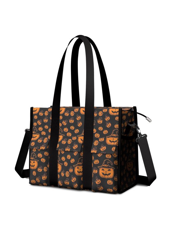 Witch Pumpkin Halloween Pattern Utility Tote Bag, Teacher Tote with Multi Pockets & Removable Strap, Large Capacity Gifts for Work School Travel