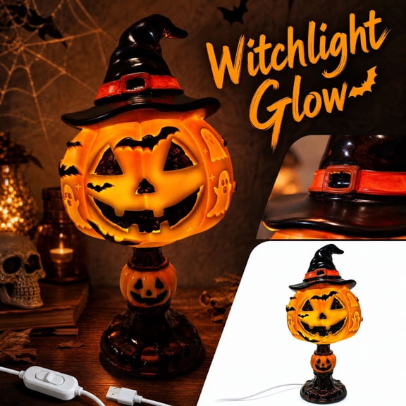 Witch Pumpkin Table Centerpiece Light 6.7 Inch, USB Powered LED Glowing Nightlight with Switch for Halloween Party Display