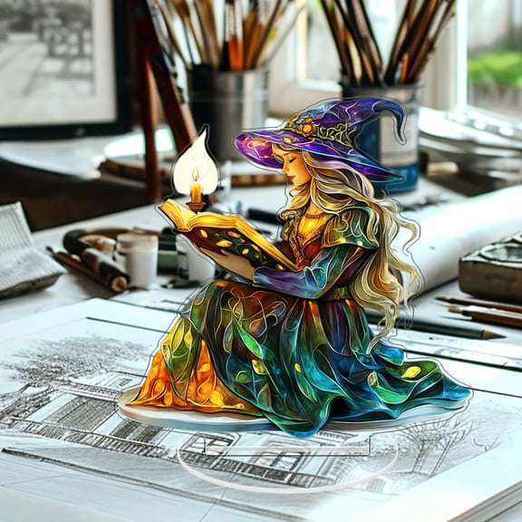 Witch Reading Book Acrylic Suncatcher Stained Glass Effect Window Car Hanging Christmas Ornament Indoor Outdoor Decor Garden Sun Catcher Panel for Acrylic Suncatcher Lover, Multicolor, 6.3in