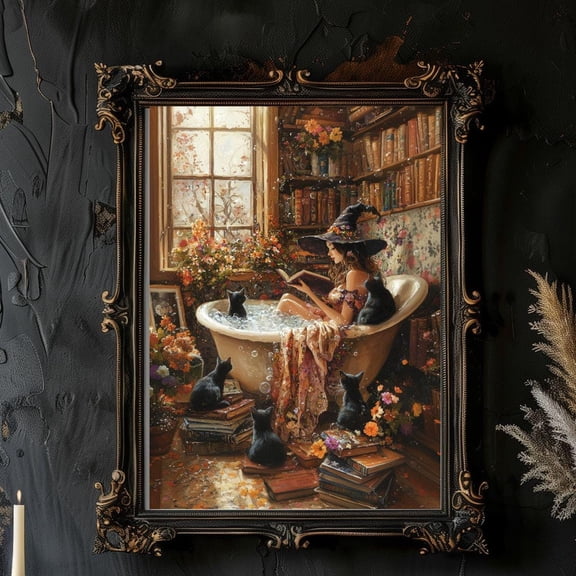 Witch Reading Book Bathtub Black Cats Witchy Poster