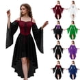 thumbnail image 1 of Witch Renaissance Costume Dress, Off Shoulder Gothic Witch High Low Dress, Flared Bell Sleeve Lace Up Renaissance Medieval Costume Dress for Halloween Cosplay Party, Deep Red L, 1 of 7