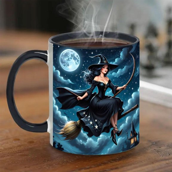 Witch Riding Broomstick Ceramic Mug 11oz Black with Full Moon Design Witch on Broomstick with Bats Haunted House Durable Coffee Cup Hot Cold Drinks Dishwasher Halloween Christmas Birthdays