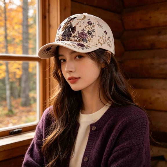Witch Rose Pumpkin Moon Floral Embroidery Adjustable Mesh Baseball Cap,Gothic Crescent Rose Pattern Breathable Halloween Headwear For Fall Outdoor Daily Casual Outfits.Navy