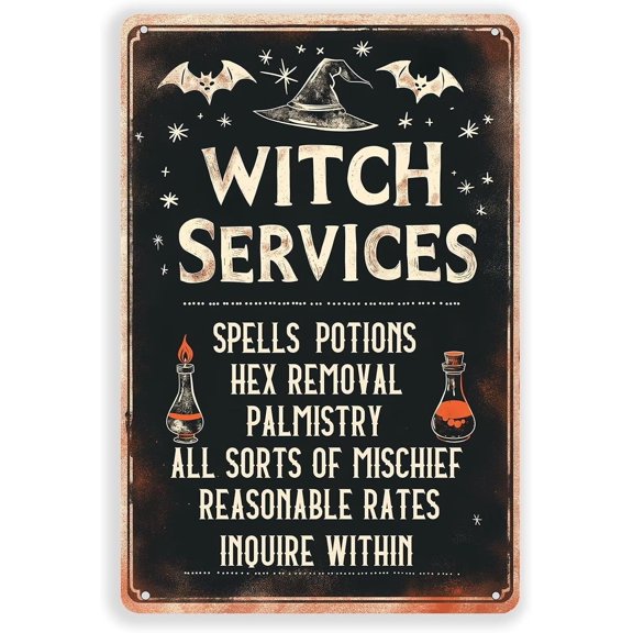 Witch Services Tin Sign Gothic Witch Potion Halloween Metal Sign for Home Bar Cafe Porch Room Garage Pary Wall Art Plaque 8x12 inch
