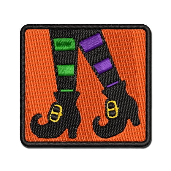 Witch Shoes Striped Stockings Halloween Applique Multi-Color Embroidered Iron-On Patch - 2.0 Inch Mini