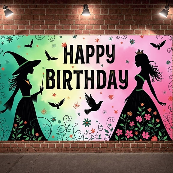 Witch Silhouette  Banner Princess Silhouette Fairy Tale Display Colorful Gradient Floral Decor Magic Birthday Background for Girls' Birthday Party Fairy Tale Party Indoor Decoration