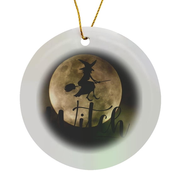 3drose, Witch Silhouette Flying by Full Moon Black Cloudy Sky, Circle Porcelain Ornament