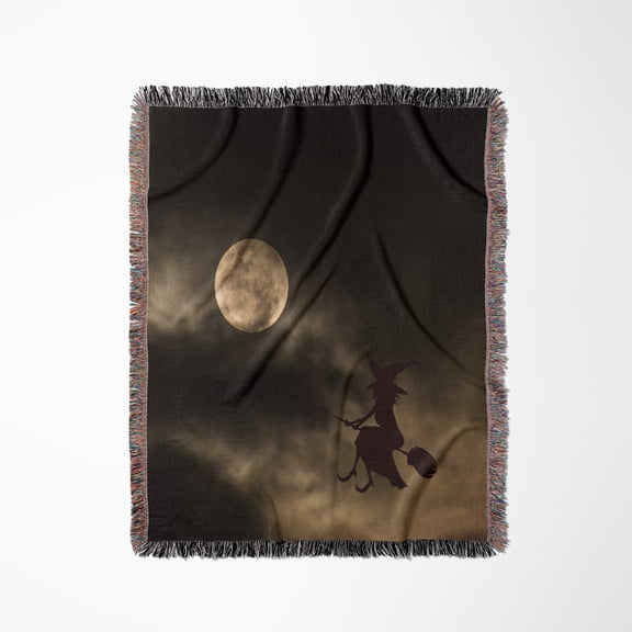 Witch Silhouette Flying Towards The Full Moon, Woven Blanket