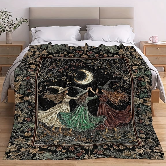 Witch Sisters Flannel Blanket - Thickened All-Season Soft Throw, Gothic Halloween Bedspread for Couch, Camping, Travel - Gift for Women, Men, Pet Owners