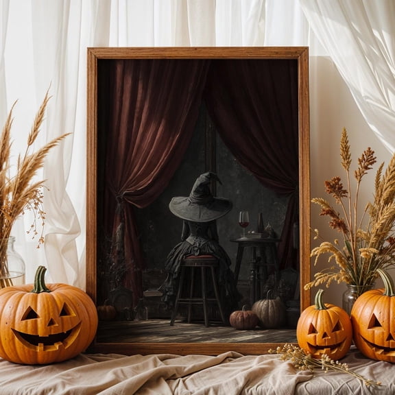 Witch Sitting Poster – Mystical Wall Art Of A Witch Seen From Behind, Magical Gothic Poster For Cozy Autumn Home Decor, F074, Unframed Poster Size 8x12