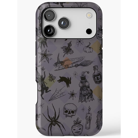 Witch, Skull, Spider and Black Cat Gray Tough Phone Case, Dual-Layer ...