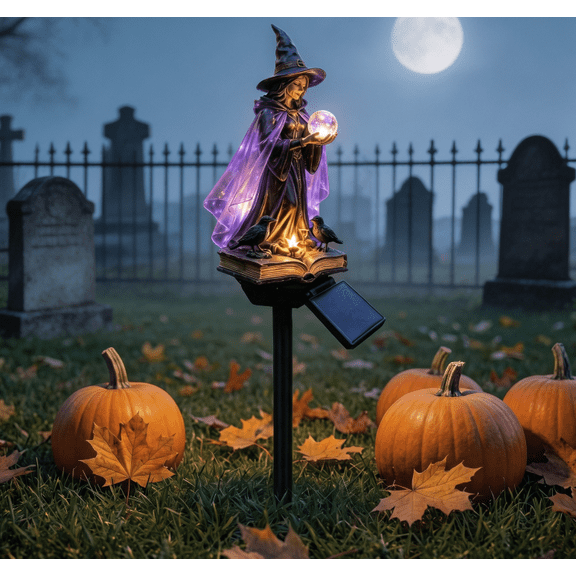 Witch Solar Garden Stake Light - Halloween LED Decor with Spell Book & Raven for Outdoor Pathway & Cemetery Lawn