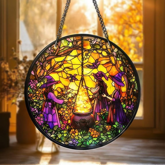 Witch Stained Glass Suncatcher Cauldron Window Hanging Gothic Witchy Decor Halloween Gift Mystical Art Panel Witchy Home Decor
