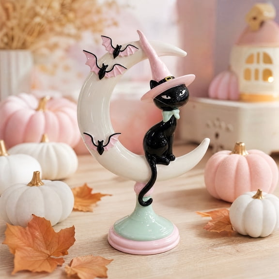 Witch Statue, Crescent Moon Figurine, Tabletop Accent, Glossy Glazed Finish and Wide Flat Pedestal for Coffee Table, Shelf, and Entryway.