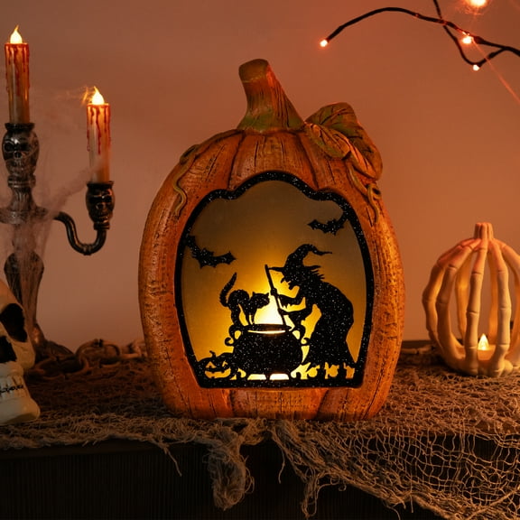 Witch Stirring Flickering Cauldron Scene Inside Pumpkin Halloween Decoration - 13" - LED Orange Light