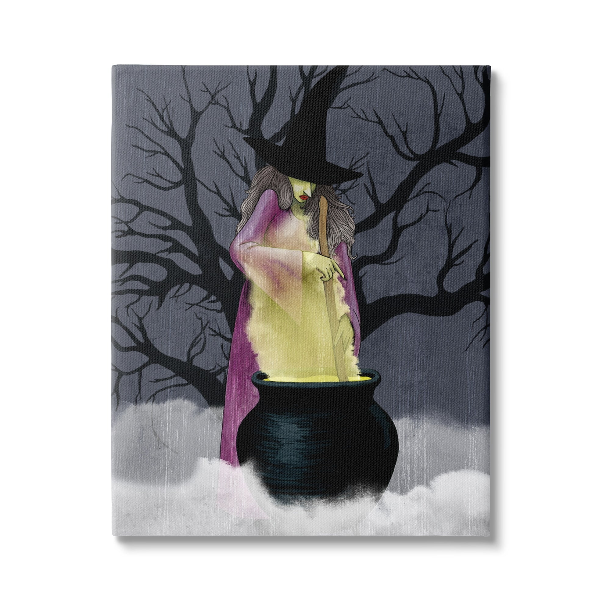Witch Stirring Smokey Cauldron Spooky Halloween Night Fairy Tales & Fantasy Painting Gallery-Wrapped Canvas Print Wall Art