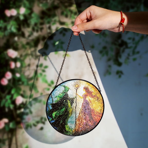 Witch of Sun and Moon Stained Glass Window Hanging - Handmade Sun Catcher, Mystical Home Décor, Artistic Witchcraft Art Panel, Celestial Gift, Nature-Inspired Wall Ornament