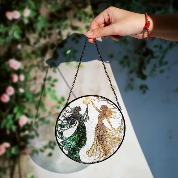 Witch of Sun and Moon Stained Glass Window Hanging - Handmade Sun Catcher, Mystical Home Décor, Artistic Witchcraft Art Panel, Celestial Gift, Nature-Inspired Wall Ornament