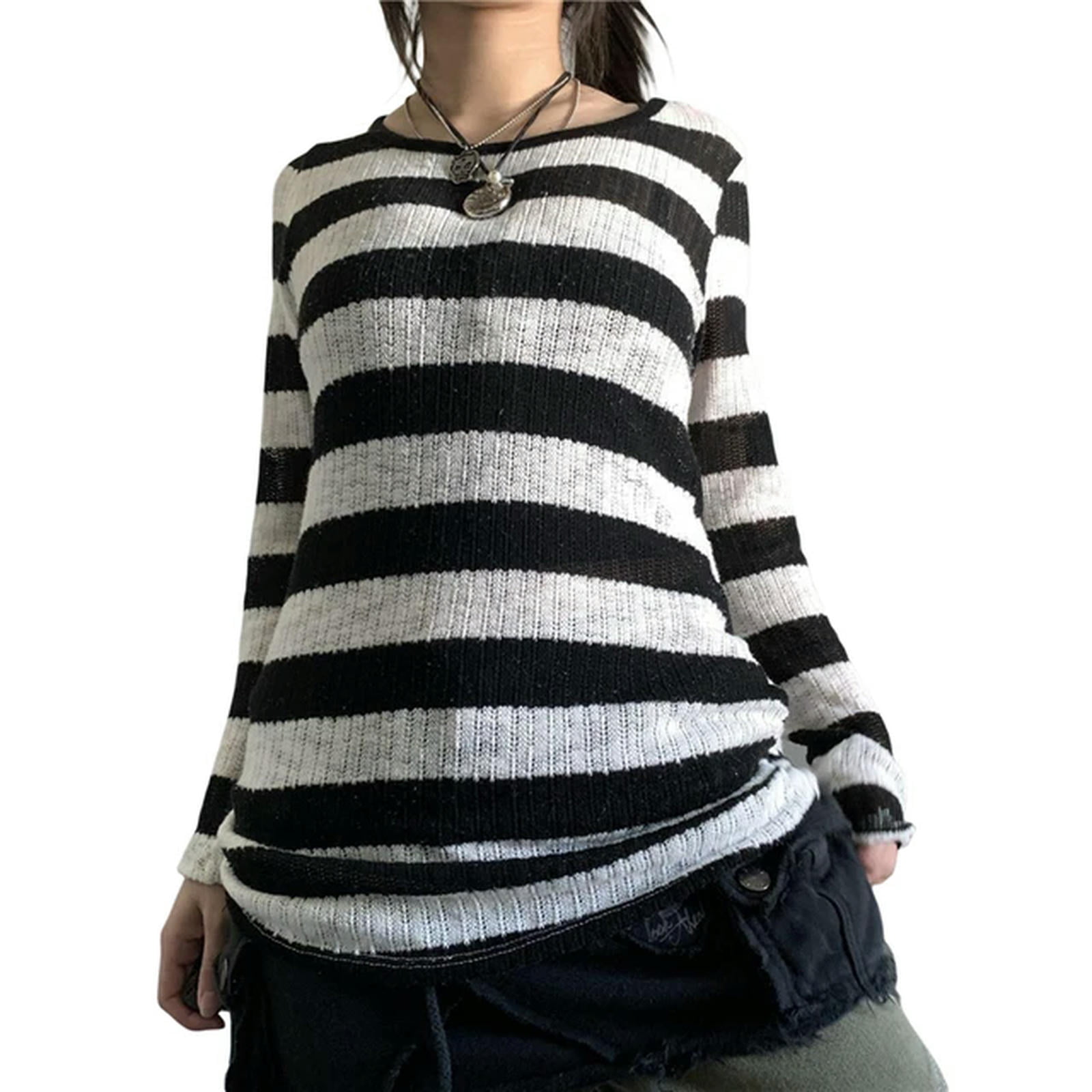 Witch Sweater y2k Aesthetic Clothes Women Striped Round Neck Long