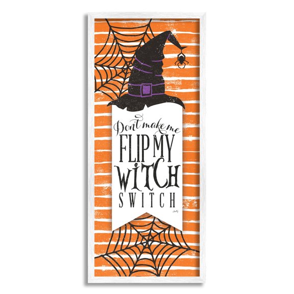 Witch Switch Funny Phrase Striped Orange Spider Webs Holiday Graphic Art Framed Art Print Wall Art