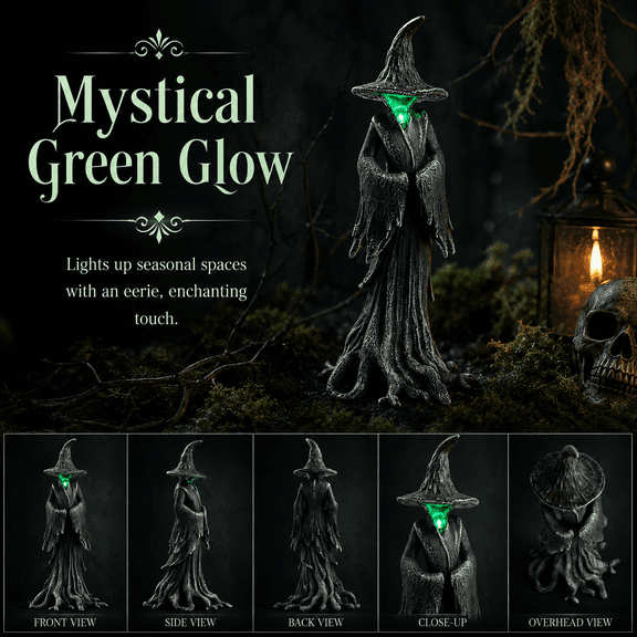 Witch Tabletop Decor Statue, Black Resin Halloween Witch Figurine with Green Accent, Gothic Seasonal Decoration for Mantel, Shelf & Entryway Display