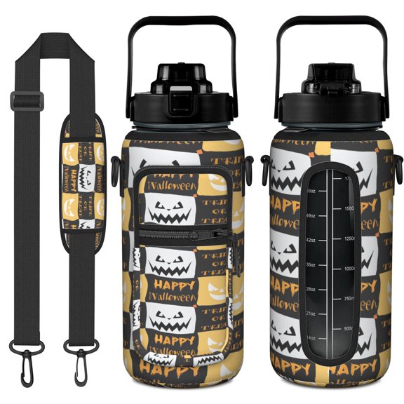 Witch Theme 64oz Water Bottle with Storage Sleeve - Gothic Leakproof Large Capacity Bottle with Adjustable Strap for Halloween Workouts