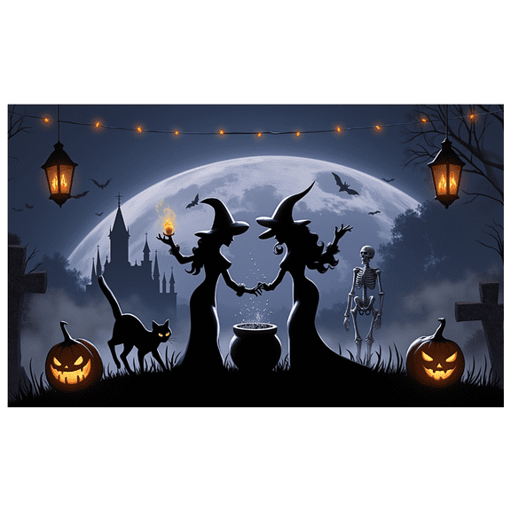 Witch Theme Halloween Banner Spooky Castle Jack-o-Lantern Skeleton Black Cat for Halloween Party Kids Event Night