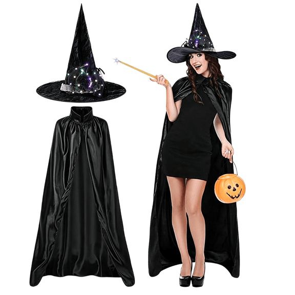 Witch Themed Halloween Costume Kit, Solid Black Satin Cloak and Pointed Witch Hat, Easy to Wear Cosplay Outfit for Masquerade Black One Size