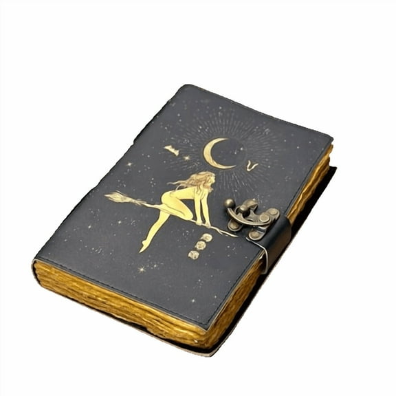 Witch-Themed Leather Journal, 5x7 Inch Notebook with Moon & Broom Design, 200 Handmade Paper Pages, Vintage Locking Diary for Writing & Sketching