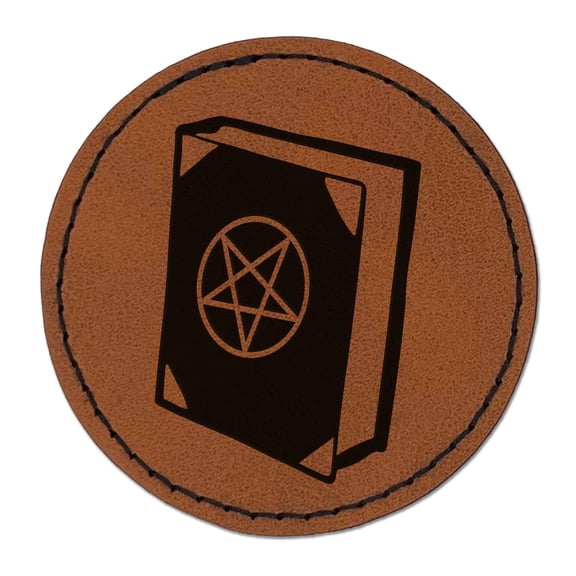 Witch Tome Spell Book Grimoire for Magic Witchcraft 2.5" Faux Leather Round Engraved Iron-On Patch - Brown