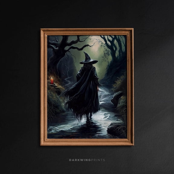 Witch Walking In The Creek, Witch Art Decor, Gothic Victorian, Dark Academia, Gothic Witch Wall Art, Vintage Print, Art Print Print, G342 Home Decor #1784, 8x12 UNFRAMED