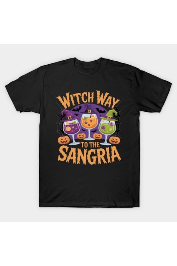 Witch Way To The Sangria Funny Halloween Party Drink Lovers Retro Graphic G1827 T-Shirt, for men and women, Up to Size 5XL