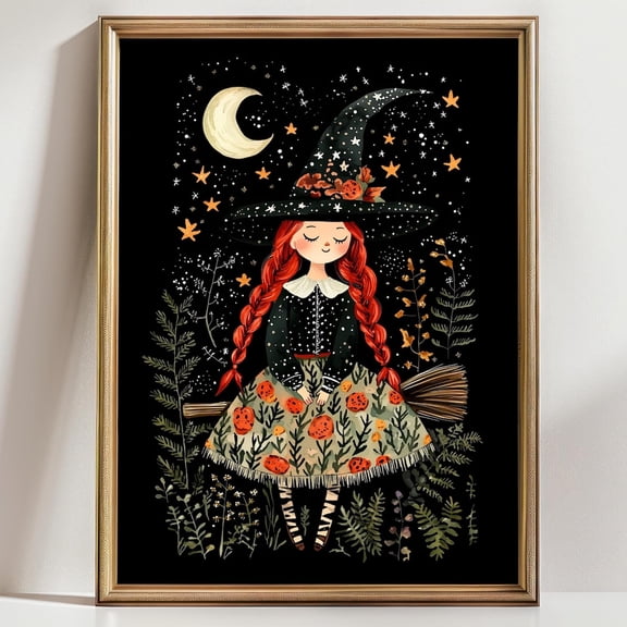 Witch Woman Autumn Moon Mystical Celestial Fantasy Theme Wall Art Decor Unframed Paper Print