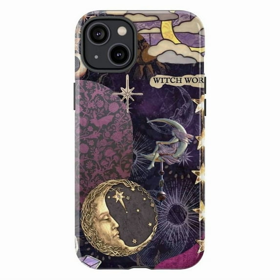 Witch World Celestial Phone Case, Mystical Moon & Stars Tarot Aesthetic Protective Cover for iPhone 16 15 14 13 12 11 Pro Max Plus Mini