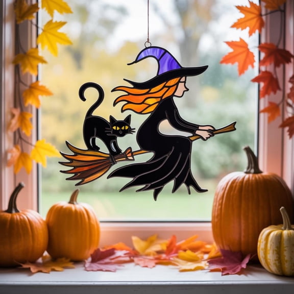 Witch and Black Cat Acrylic Suncatcher, Halloween Window Hanging Decor, Flying Witch Faux Stained Glass Ornament, Spooky Fall Decoration
