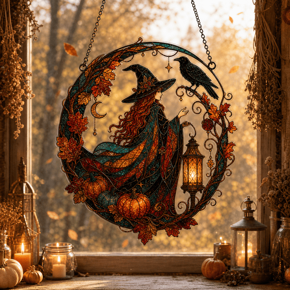 Witch and Black Cat Acrylic Suncatcher Window Hanging for Halloween Decor Lovers