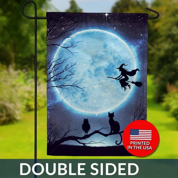 Witch and Cats Halloween Flag Mystical Moon Gothic Decor