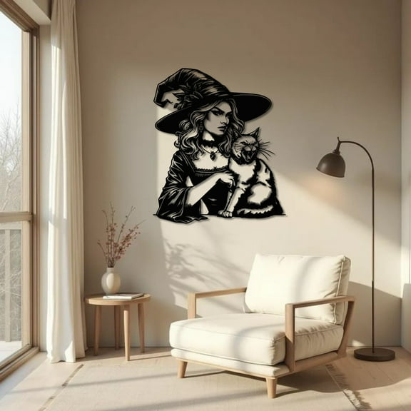Witch and Feline Companion Metal Wall Art