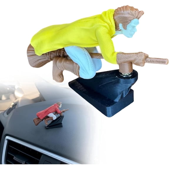 Witch and Wizard Broomstick Dashboard Drift Ornament, Motion Activated Flying Broom Car Decor Gift(Yellow Boy)