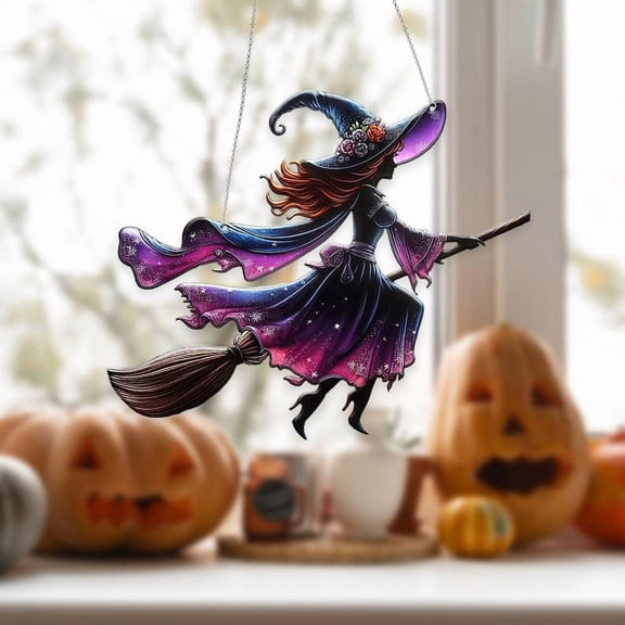 Witch on Broom Acrylic Window Hanging, Witch Halloween Decorations, Witchy Window Hanging, Halloween Gifts for Her