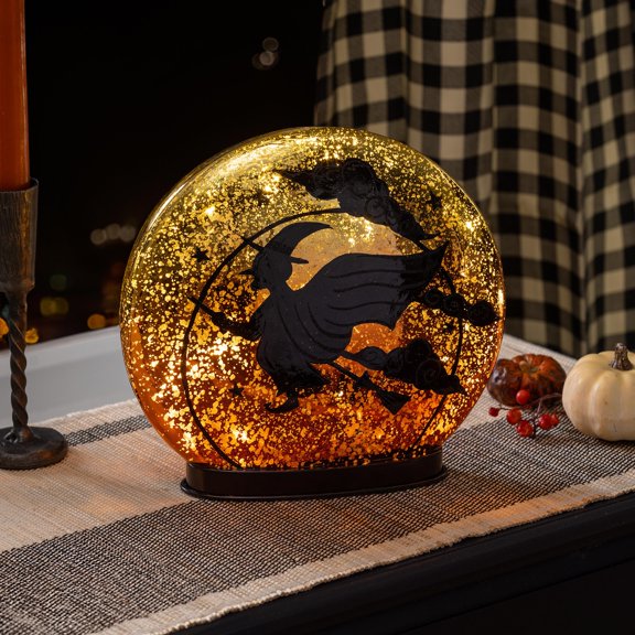 Witch on Broom LED Crackle Glass Table Dcor, 9.75"H