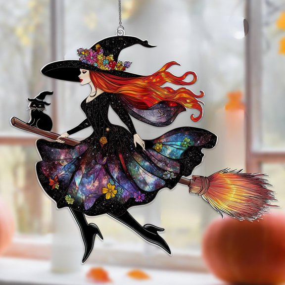 Witch on Broom Suncatcher: Acrylic Window Hanging, Halloween Decor